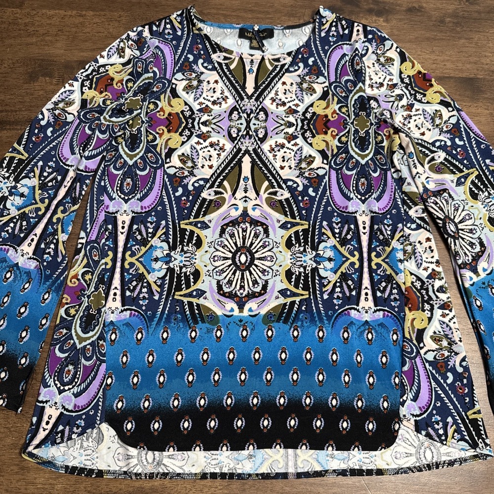 Melissa Paige Women's Small PS Boho Blouse Flare Bell Sleeves Medallion Festival